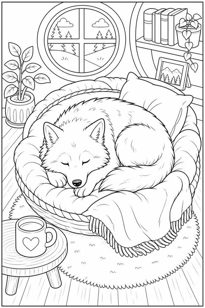 Cute Wolf Cute wolf cozy indoor moment coloring page