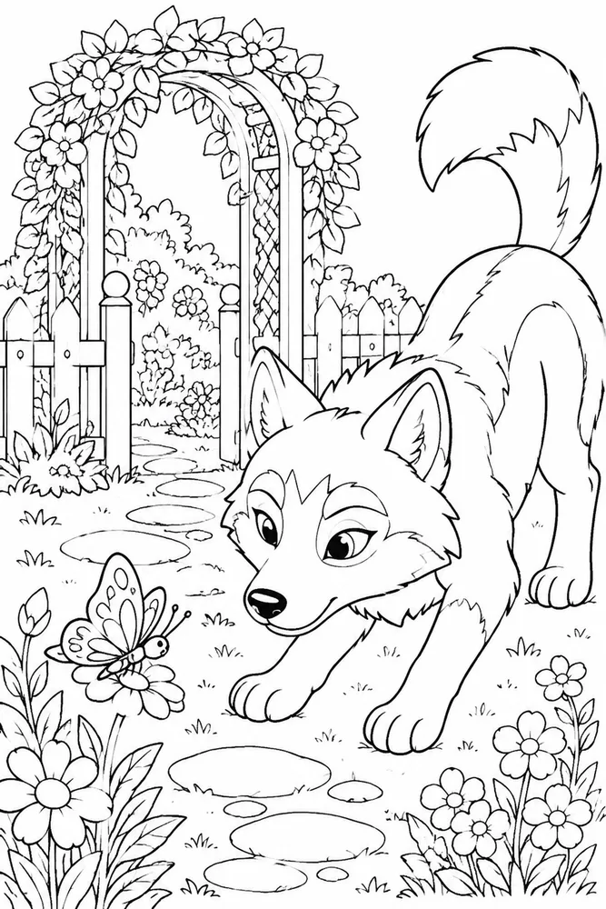 Cute Wolf Cute wolf garden setting coloring page