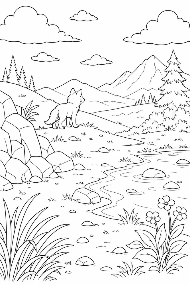 Cute Wolf Cute wolf habitat background coloring page