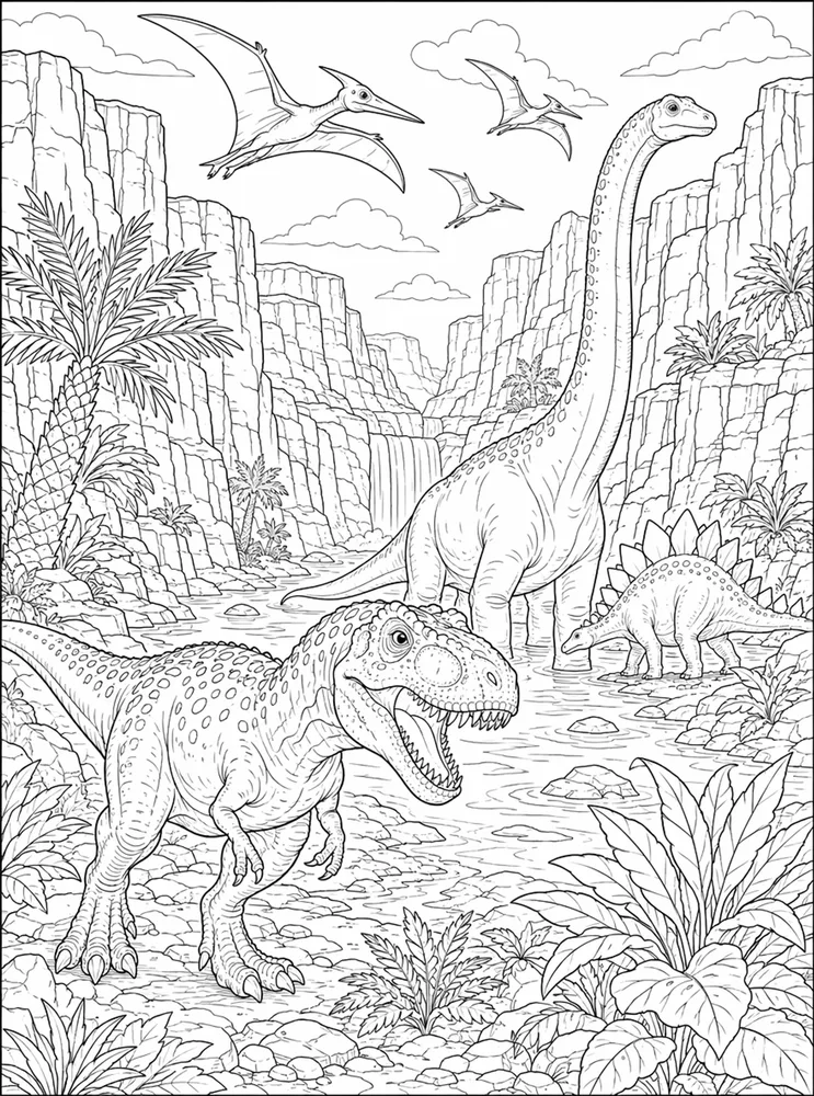 Adult Dinosaur Canyon Landscape coloring page