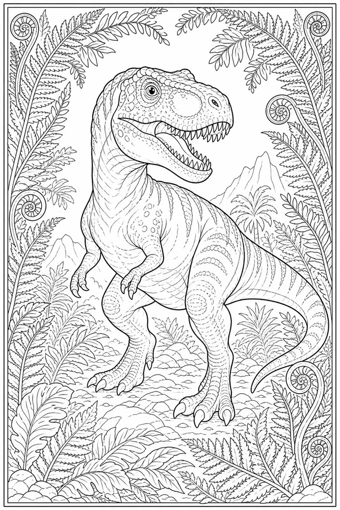 Adult Dinosaur Fern Frame Portrait coloring page