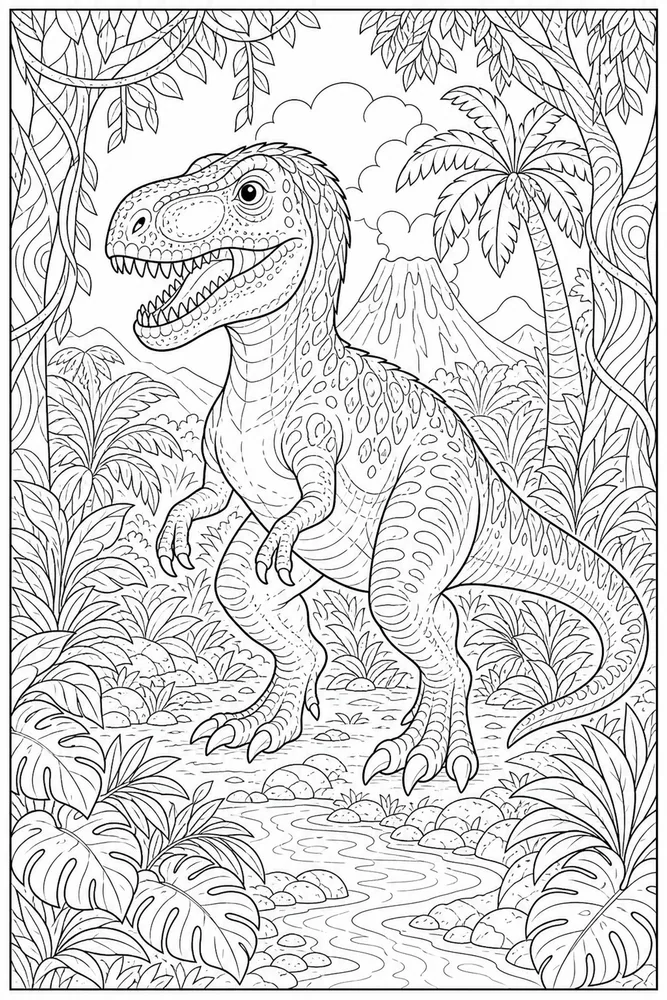 Adult Dinosaur Coloring Pages preview: Adult Dinosaur Intricate Jungle coloring page