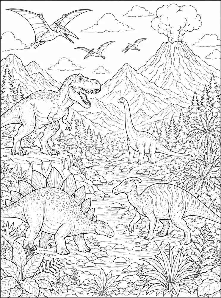 Adult Dinosaur Mountain Panorama coloring page