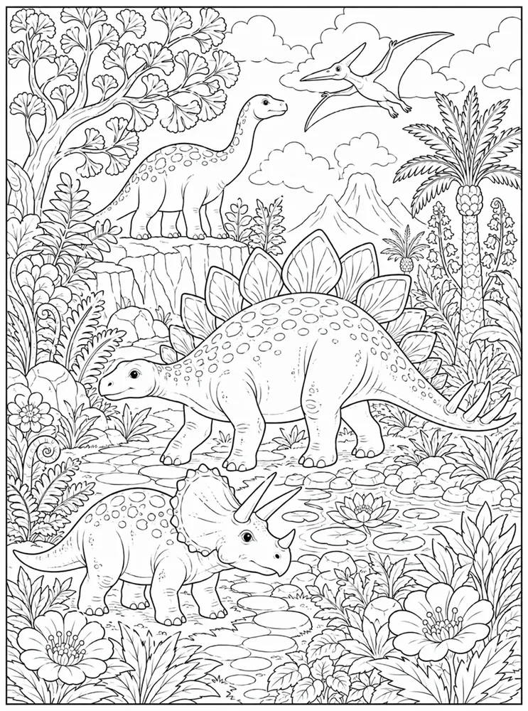 Adult Dinosaur Prehistoric Garden coloring page