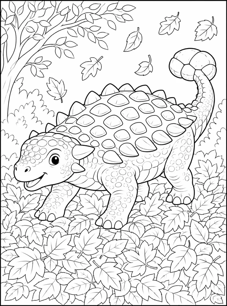 Ankylosaurus Dinosaur Leaf Pile coloring page