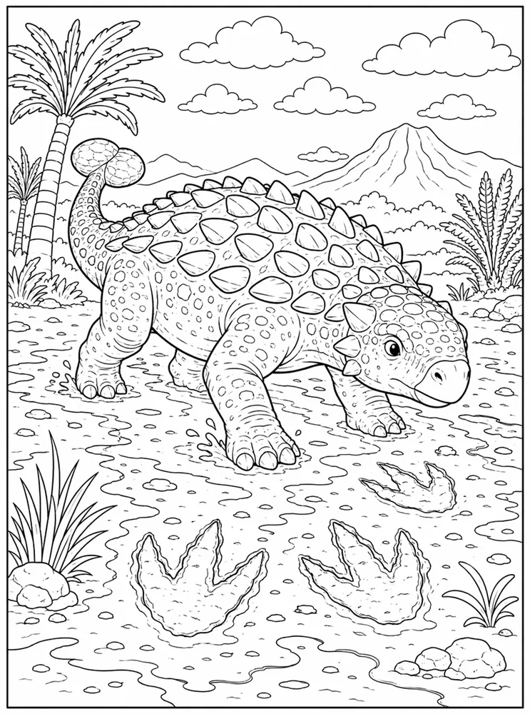 Ankylosaurus Dinosaur Mud Tracks coloring page