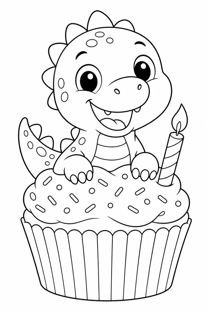 Baby Dinosaur Birthday Cupcake coloring page