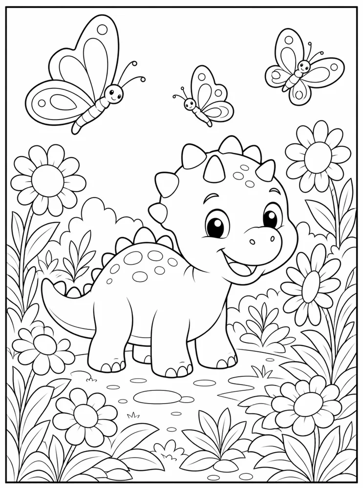 Baby Dinosaur Butterfly Garden coloring page