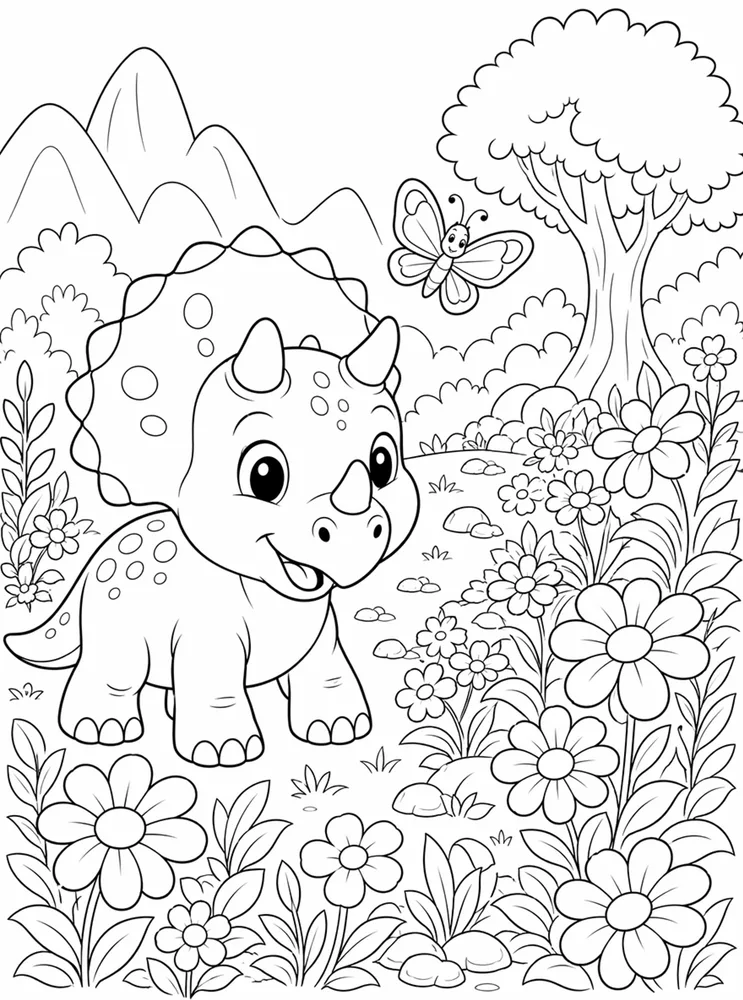 Baby Dinosaur Flower Meadow coloring page