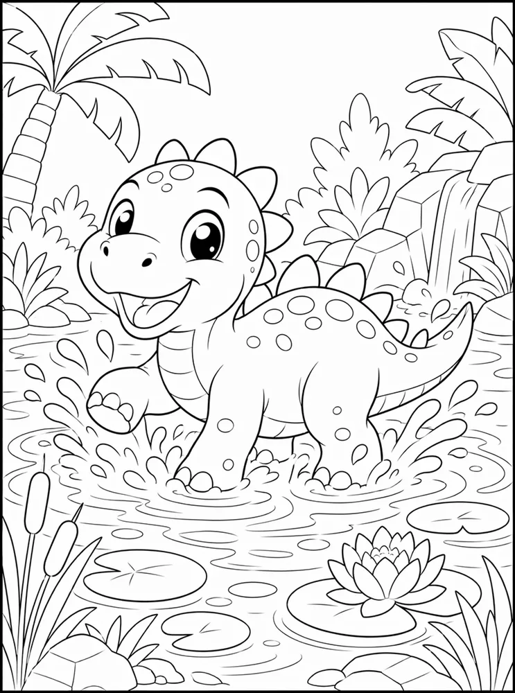 Baby Dinosaur Pond Splash coloring page