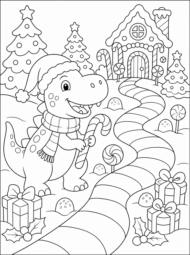 Christmas Dinosaur Candy Cane Path coloring page