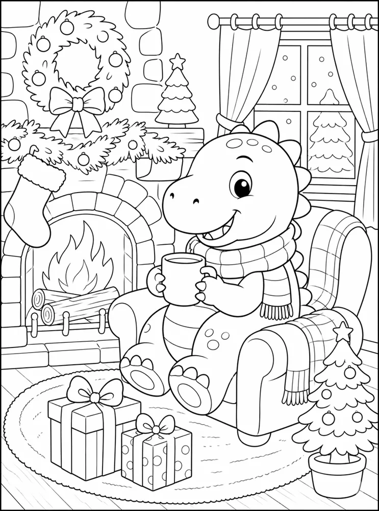 Christmas Dinosaur Cozy Fireplace coloring page