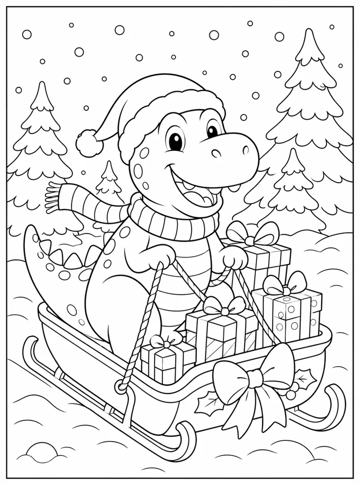 Christmas Dinosaur Gift Sled coloring page