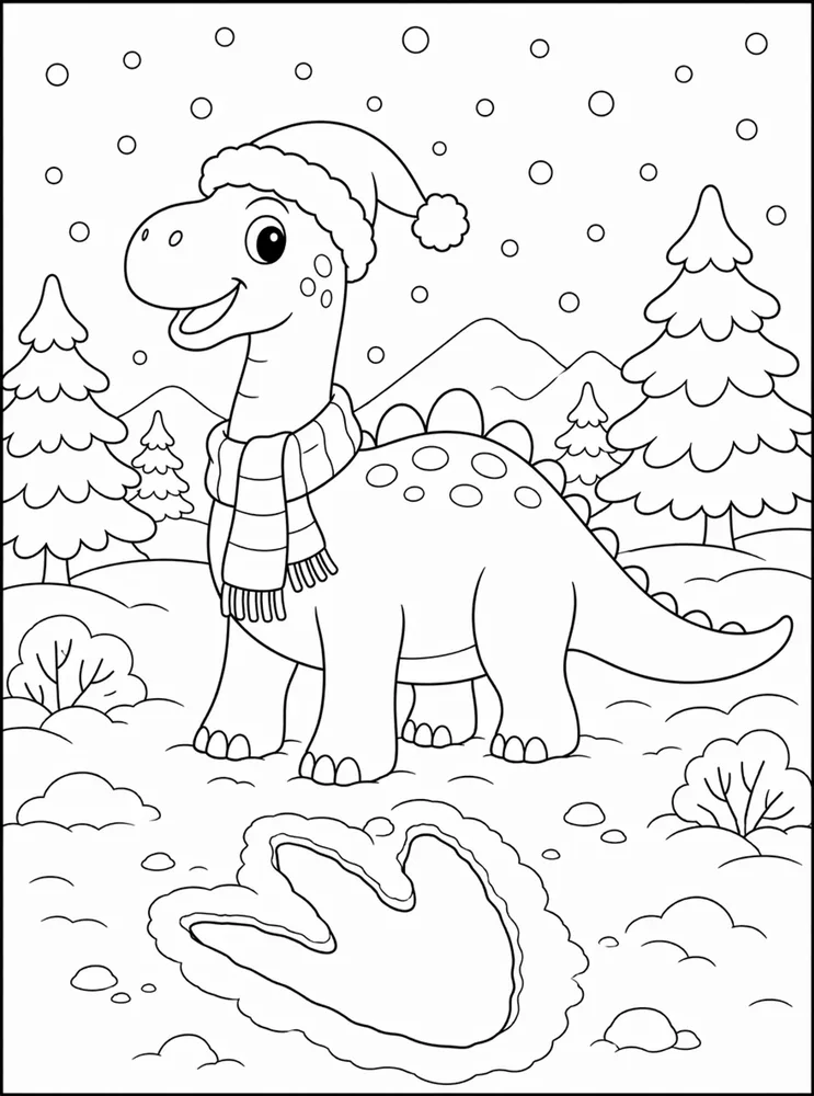 Christmas Dinosaur Snowy Footprint coloring page