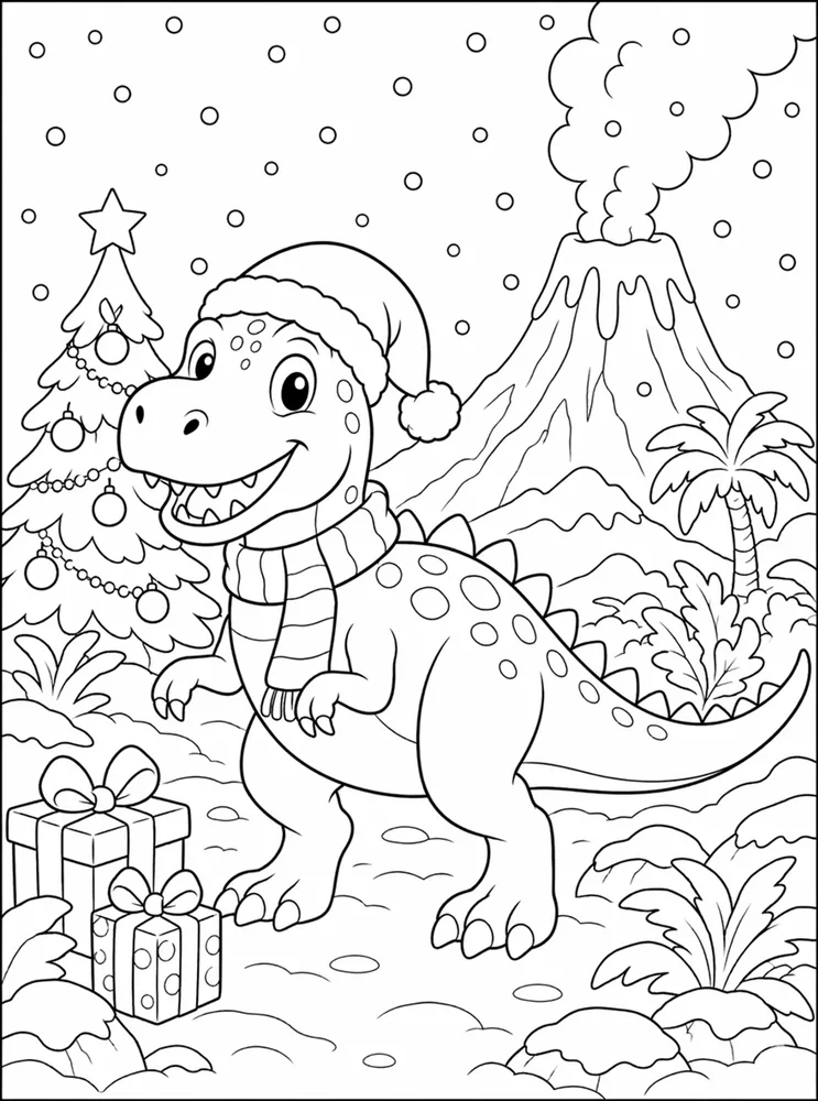 Christmas Dinosaur Snowy Volcano coloring page