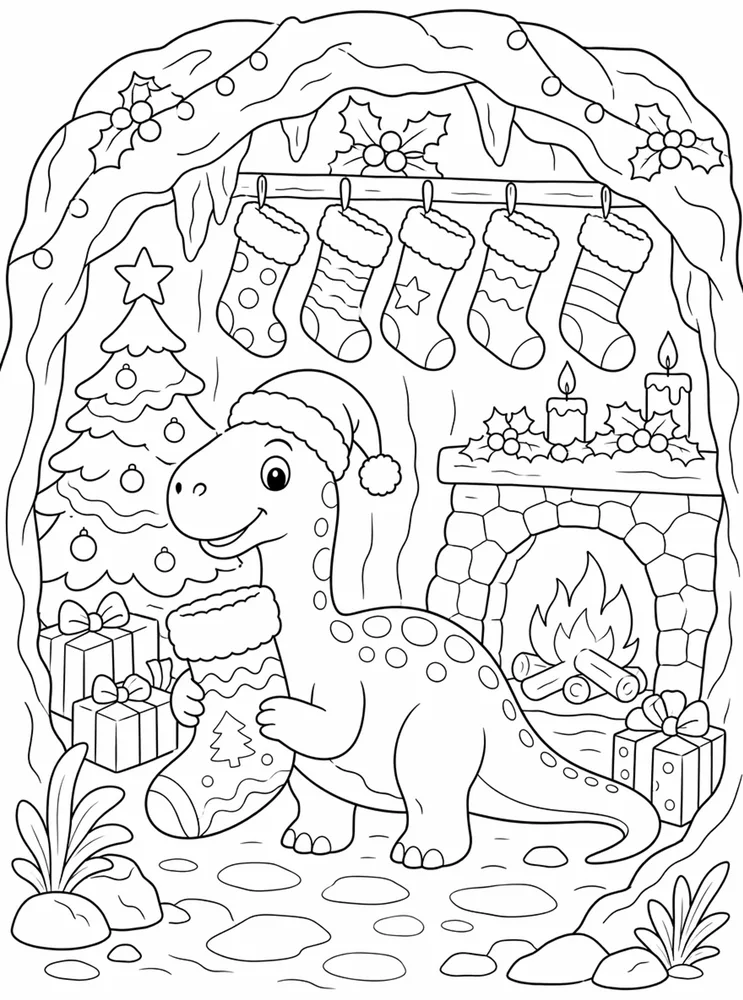Christmas Dinosaur Stocking Cave coloring page