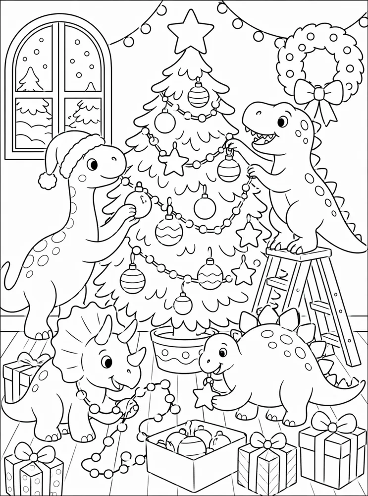 Christmas Dinosaur Coloring Pages preview: Christmas Dinosaur Tree Decorating coloring page