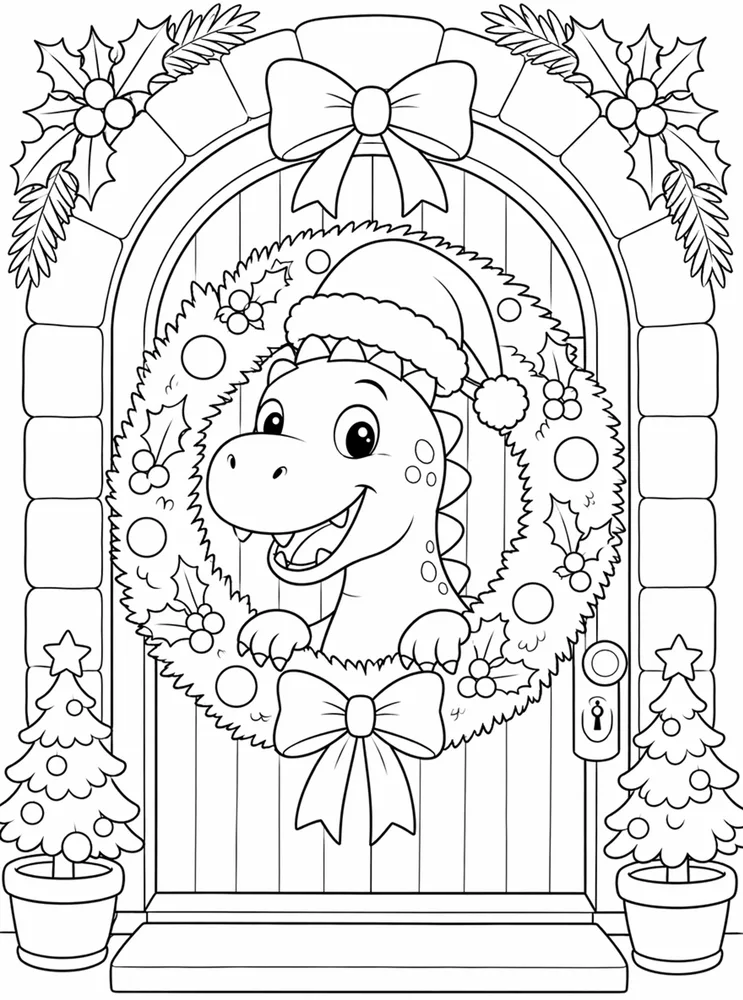 Christmas Dinosaur Wreath Doorway coloring page