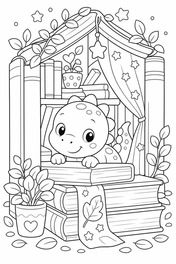 Cute Dinosaur Book Nook coloring page
