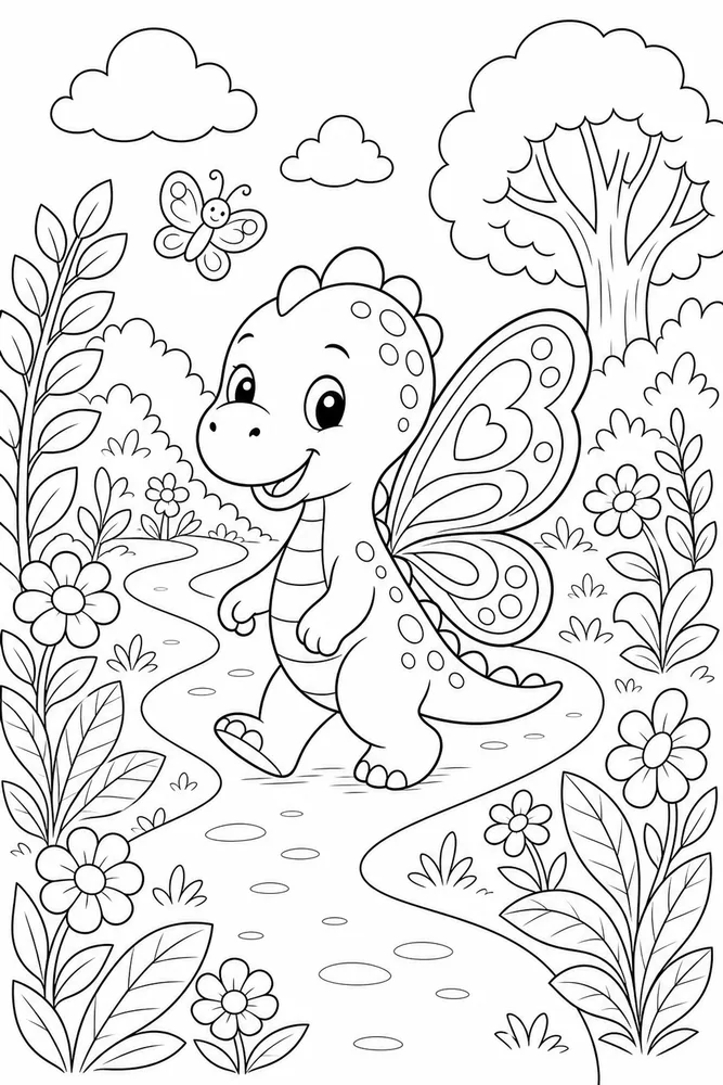 Cute Dinosaur Butterfly Path coloring page