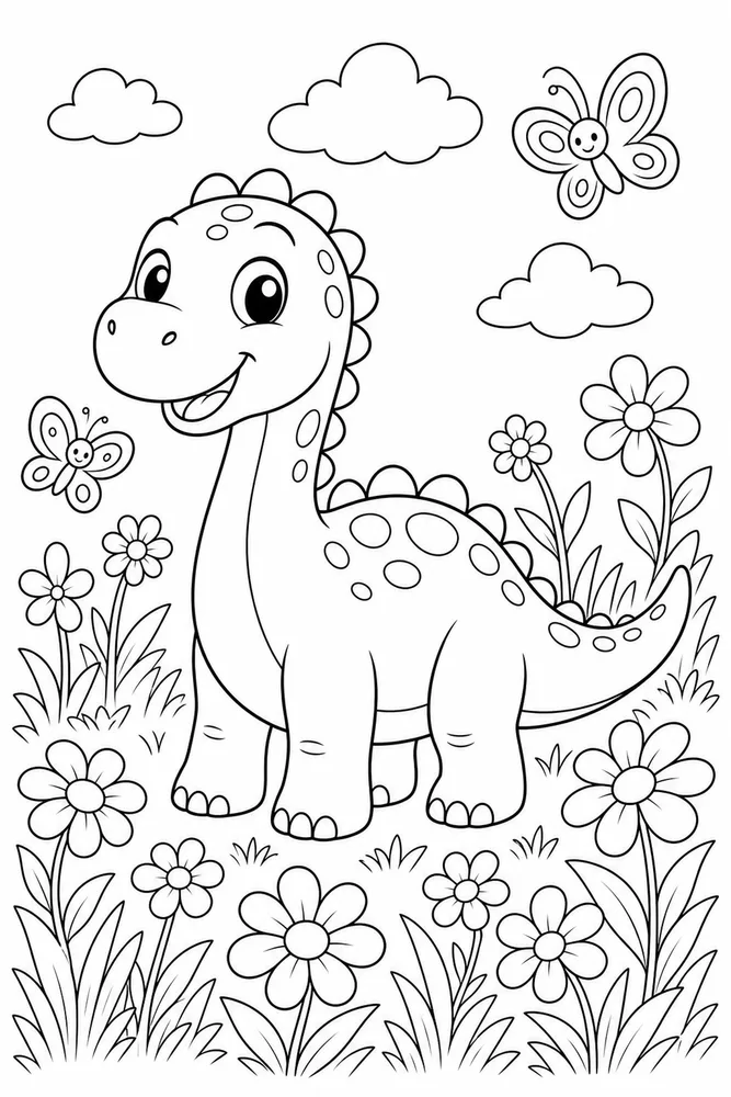 Cute Dinosaur Flower Field coloring page