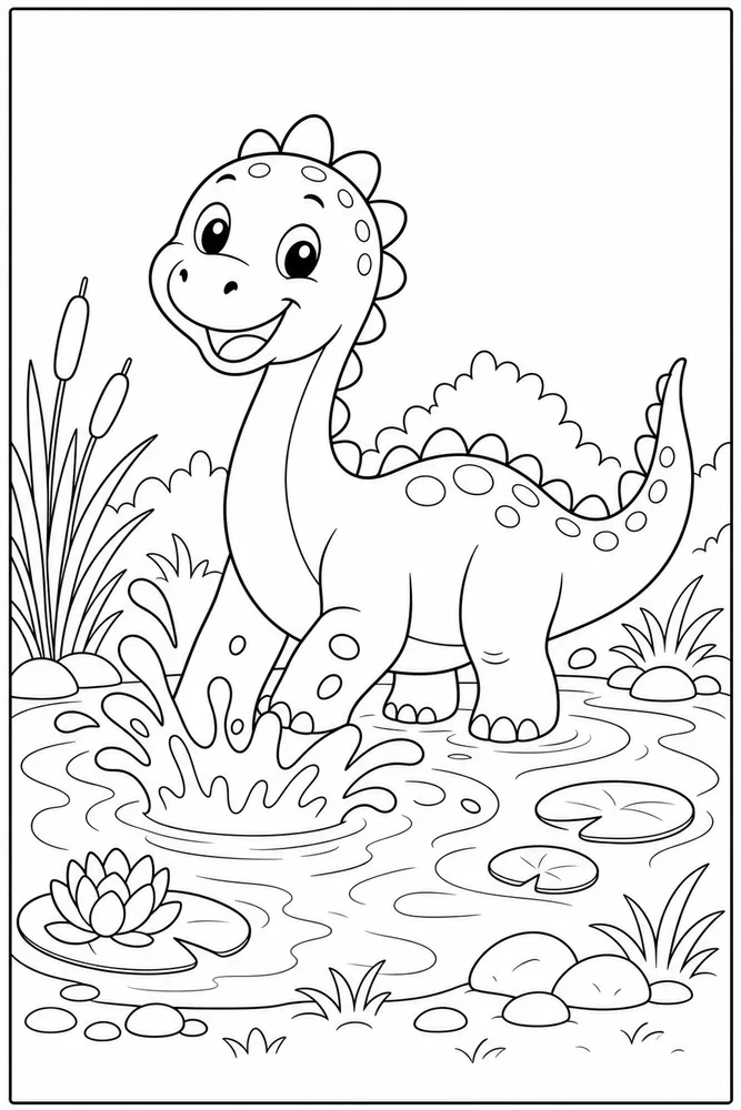 Cute Dinosaur Pond Splash coloring page