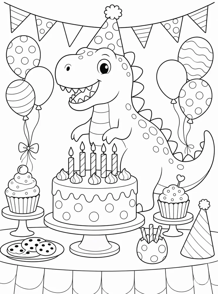 Dinosaur Birthday Dinosaur Coloring Pages preview: Dinosaur Birthday Cake Table No Text coloring page