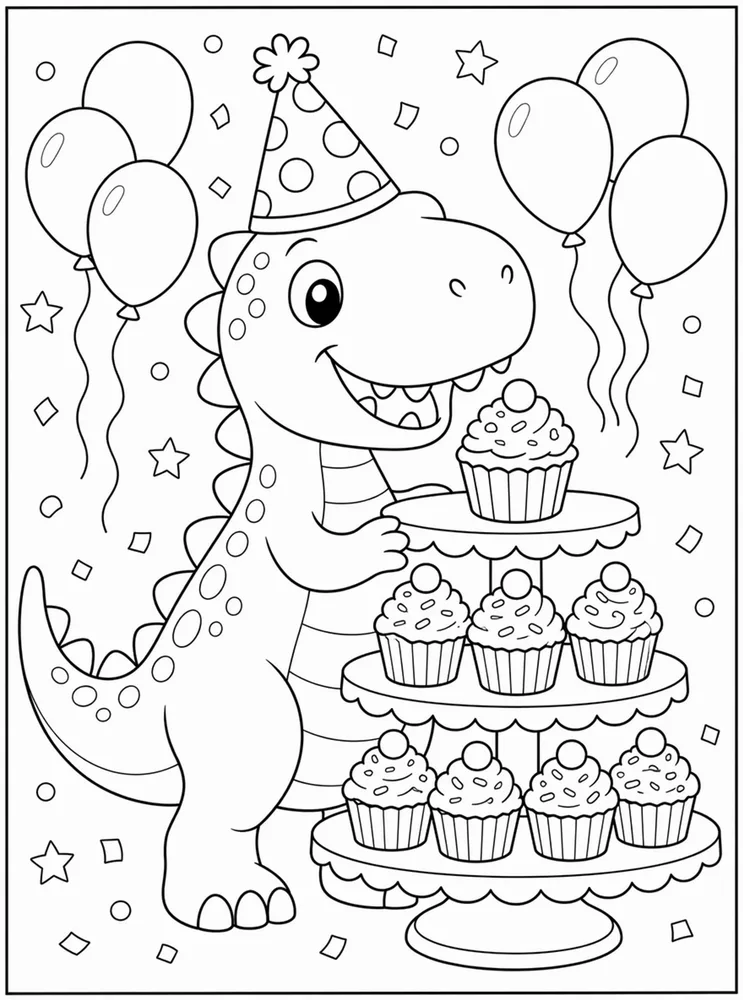 Dinosaur Birthday Cupcake Stand coloring page