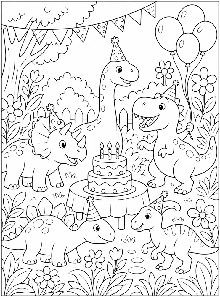 Dinosaur Birthday Garden Party coloring page