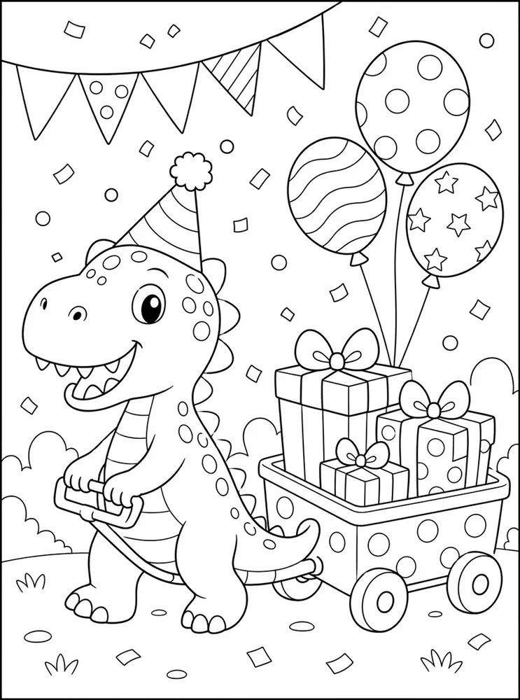 Dinosaur Birthday Present Wagon coloring page