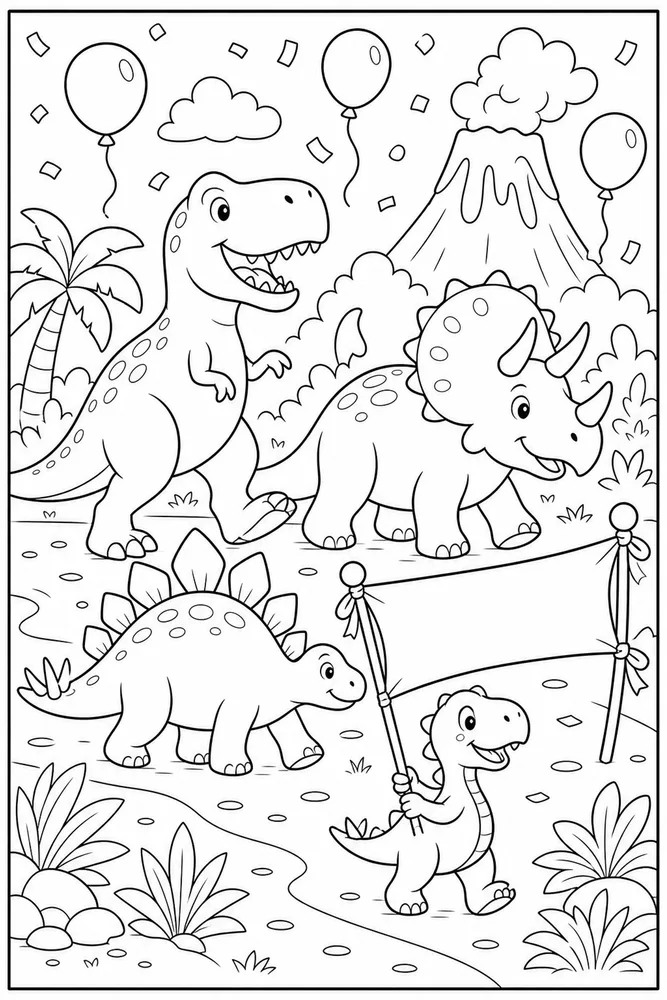 Dinosaur parade printable coloring page with friendly prehistoric scene