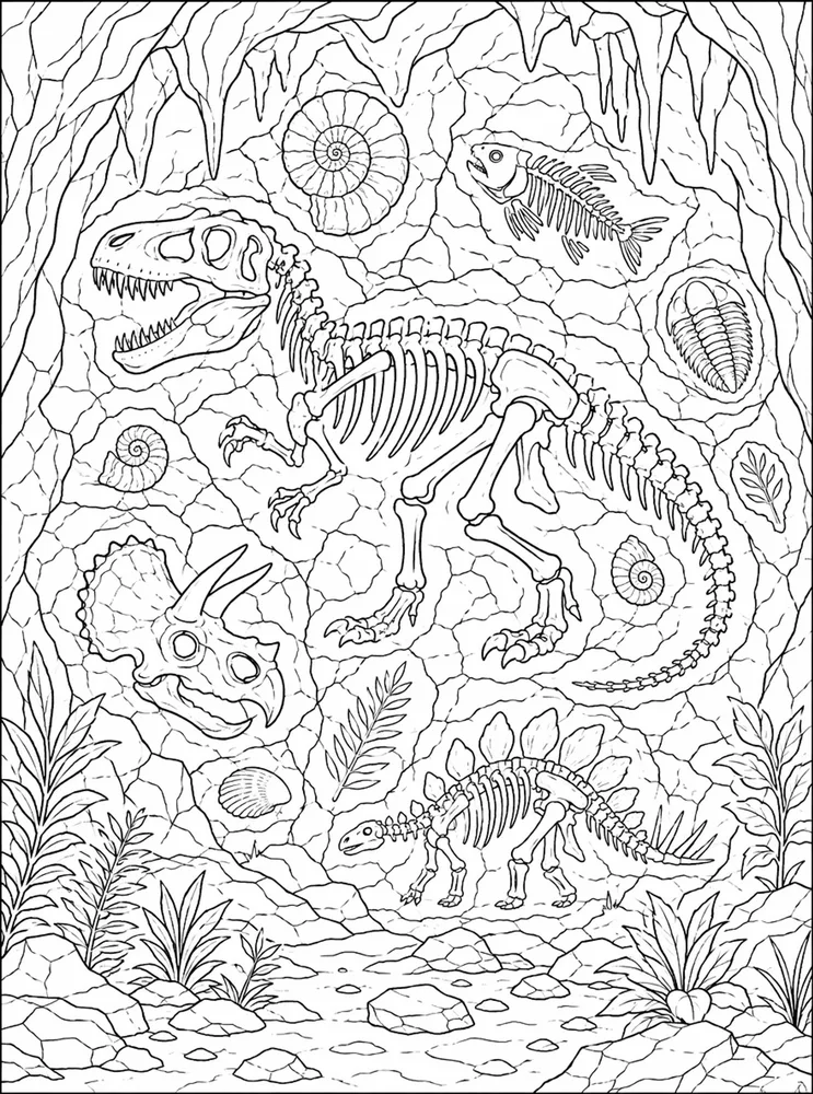 Dinosaur Fossil Cave Fossil Wall coloring page