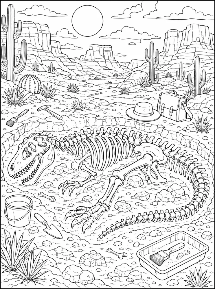 Dinosaur Fossil Desert Excavation coloring page