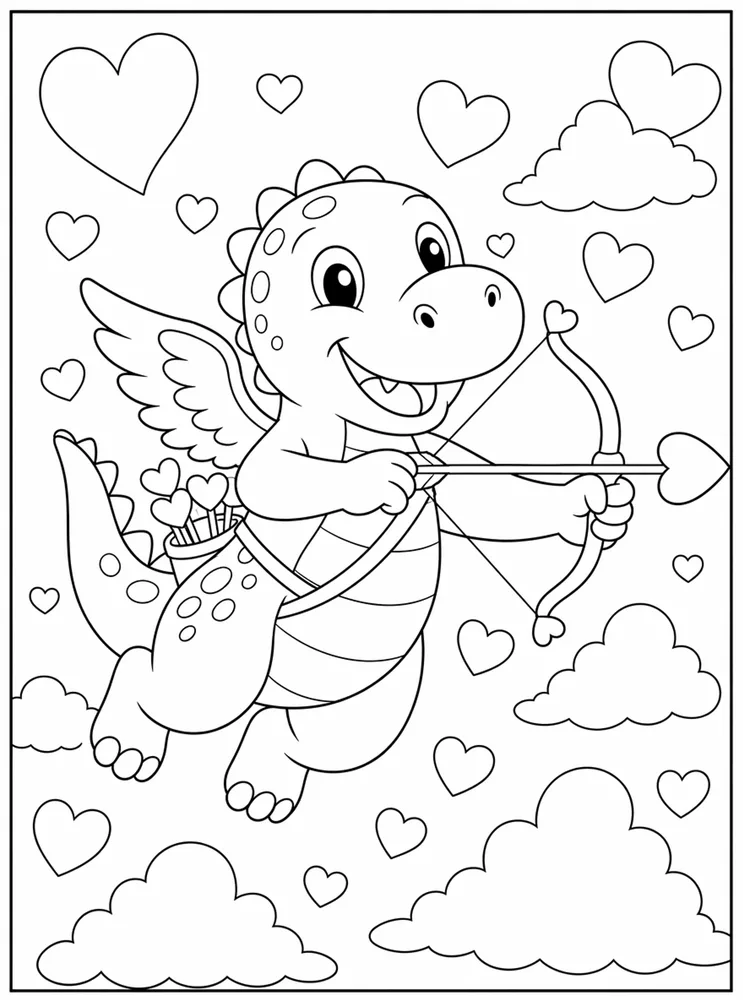 Dinosaur Valentine Cupid Free Hearts coloring page