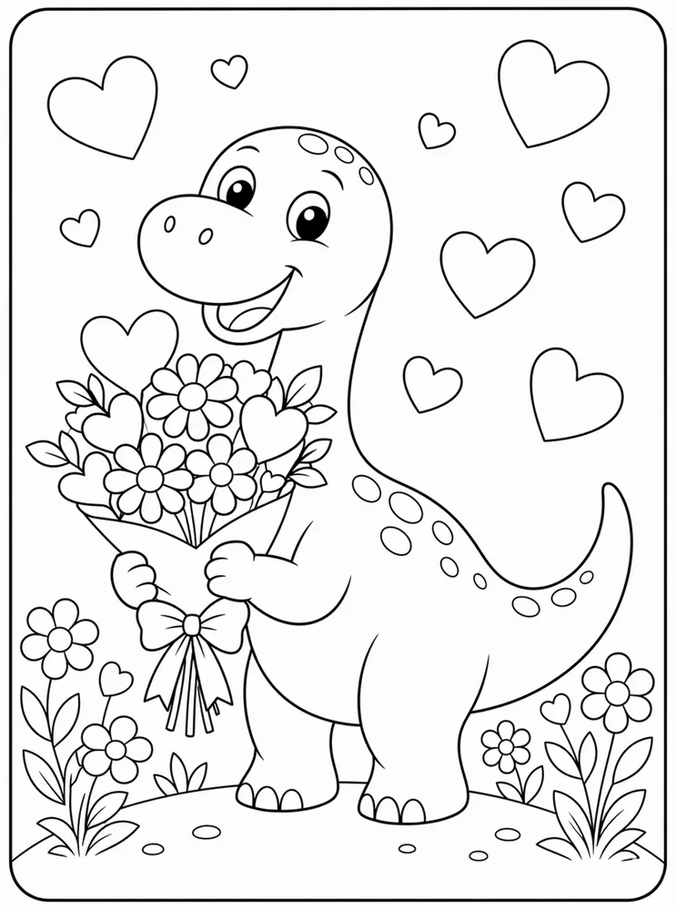 Dinosaur Valentine Flower Card Blank coloring page