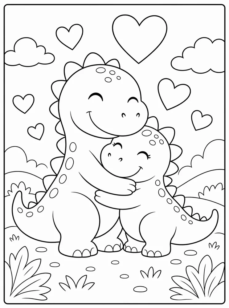Dinosaur Valentine Friendly Hug coloring page