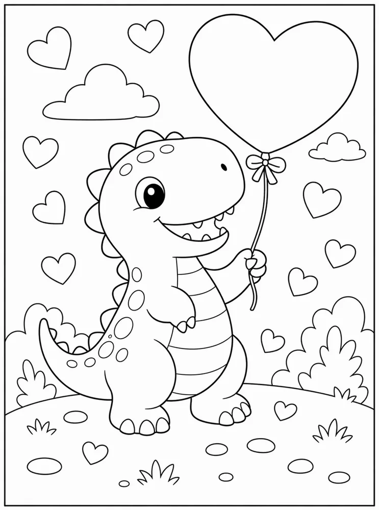 Dinosaur Valentine Dinosaur Coloring Pages preview: Dinosaur Valentine Heart Balloon coloring page