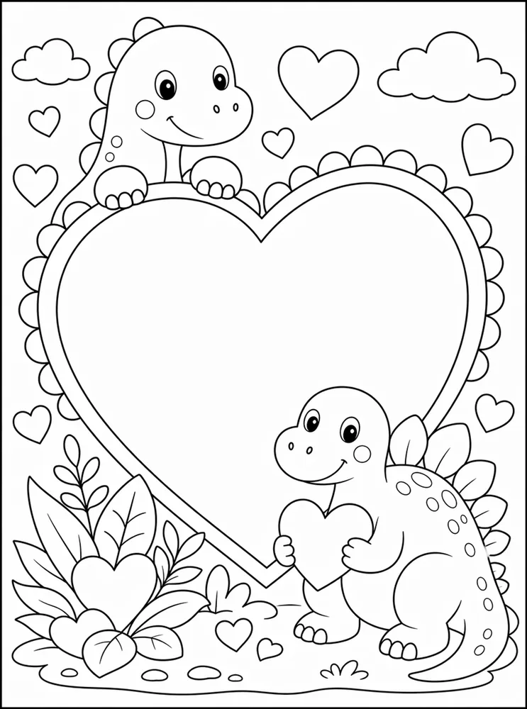 Dinosaur Valentine Heart Frame coloring page