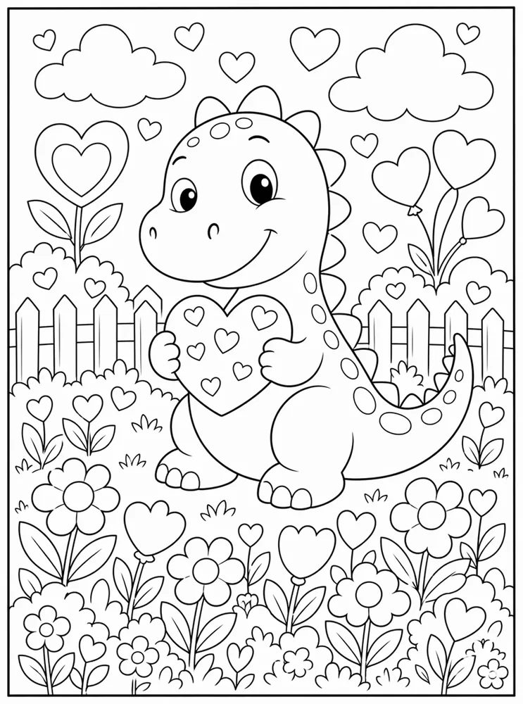 Dinosaur Valentine Heart Garden coloring page