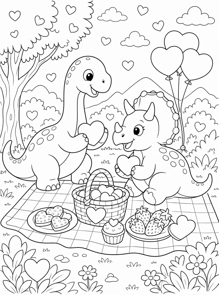 Dinosaur Valentine Picnic Blanket coloring page