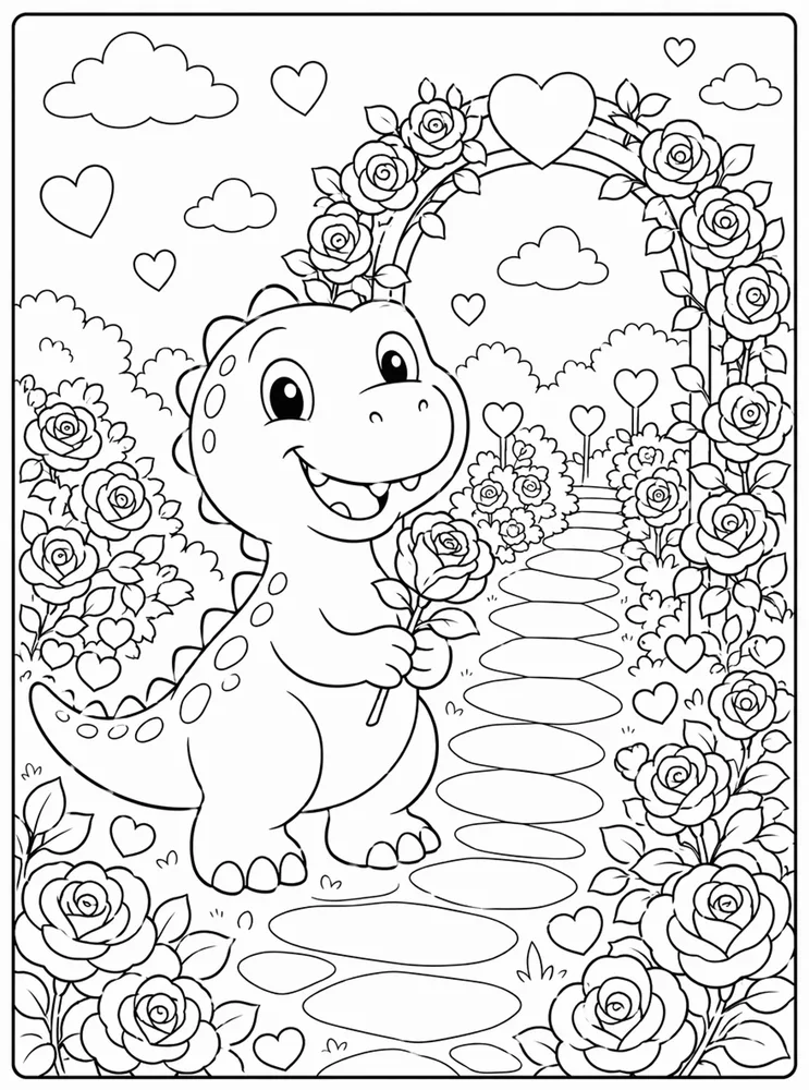 Dinosaur Valentine Rose Path coloring page