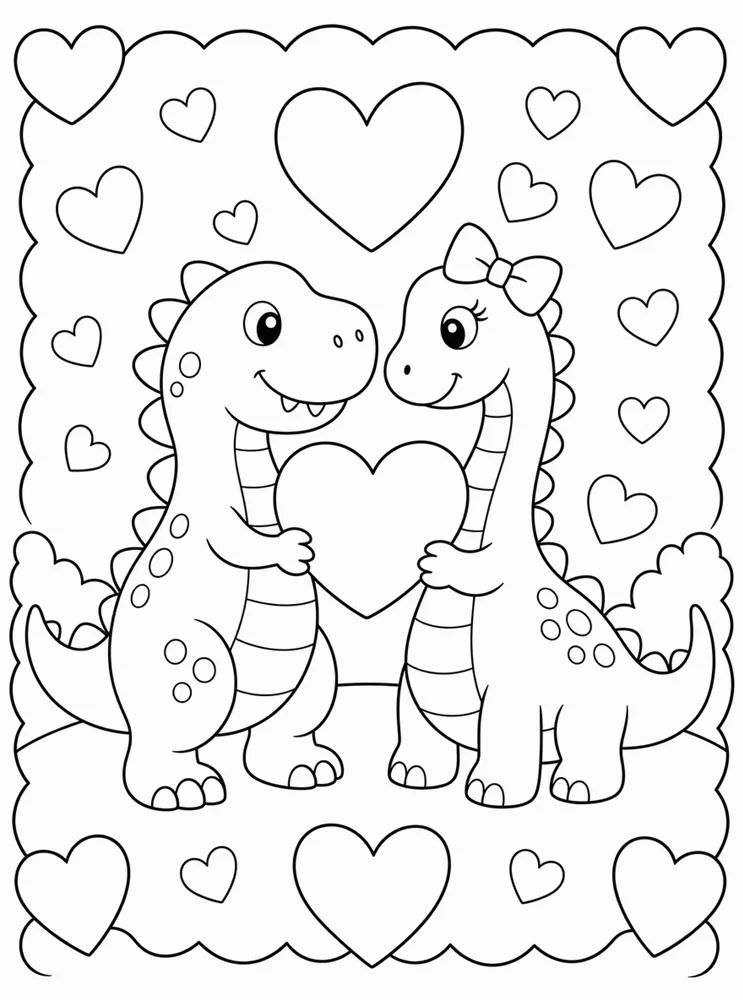 Dinosaur Valentine Two Dinosaurs Hearts coloring page