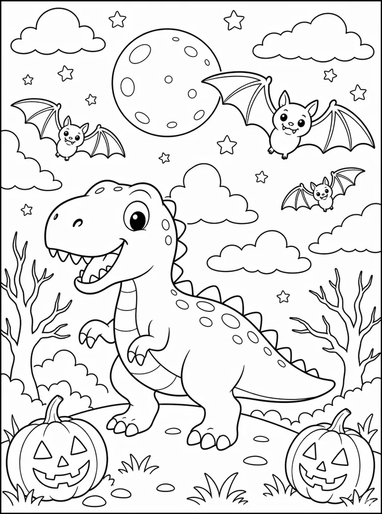 Halloween Dinosaur Bat Sky coloring page