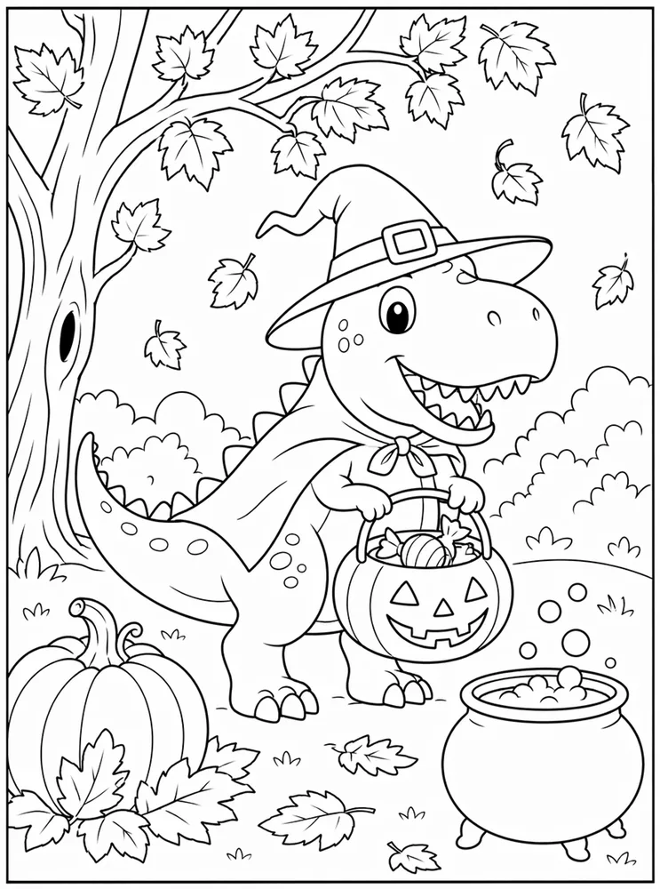 Halloween Dinosaur Fall Leaves coloring page