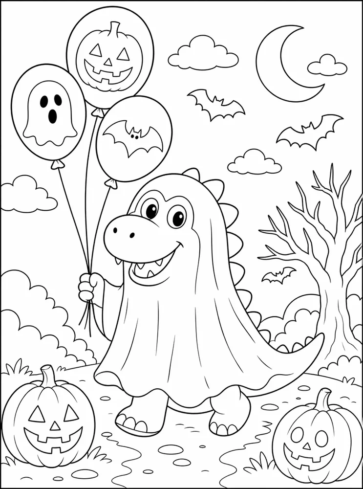 Halloween Dinosaur Ghost Balloons coloring page
