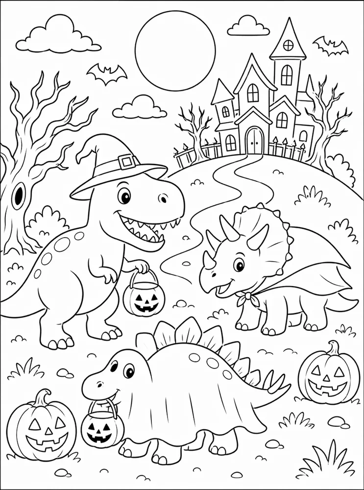 Halloween Dinosaur Haunted Hill coloring page