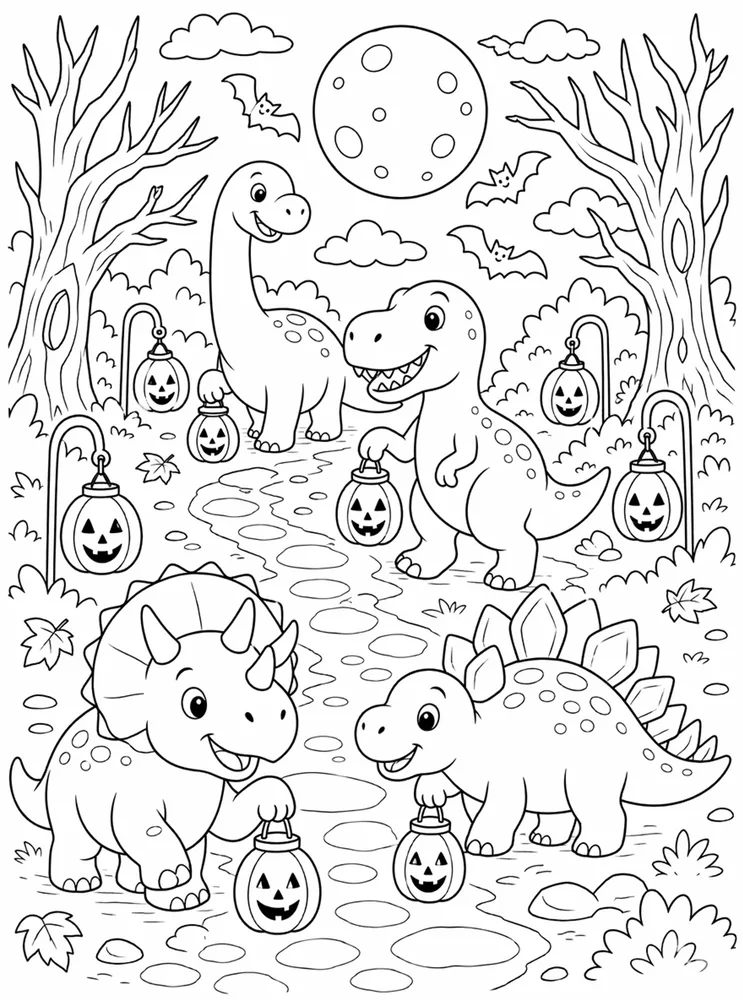 Halloween Dinosaur Lantern Path coloring page