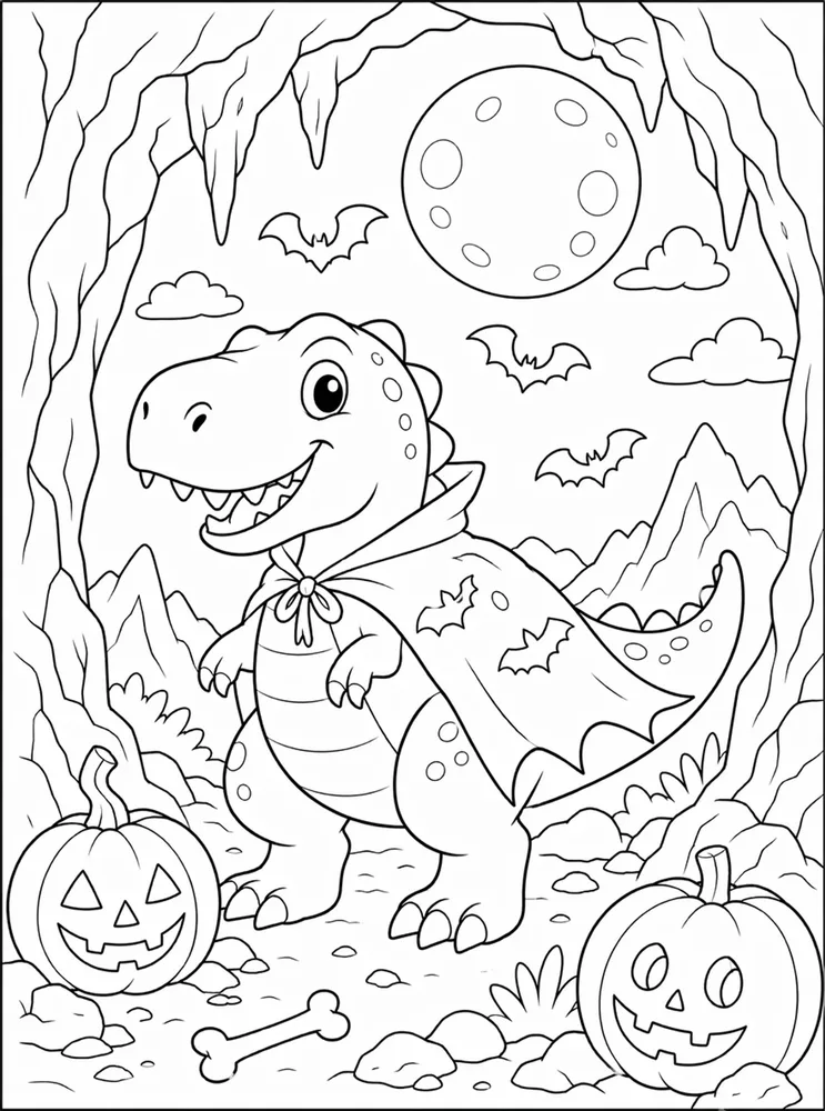 Halloween Dinosaur Moonlit Cave coloring page