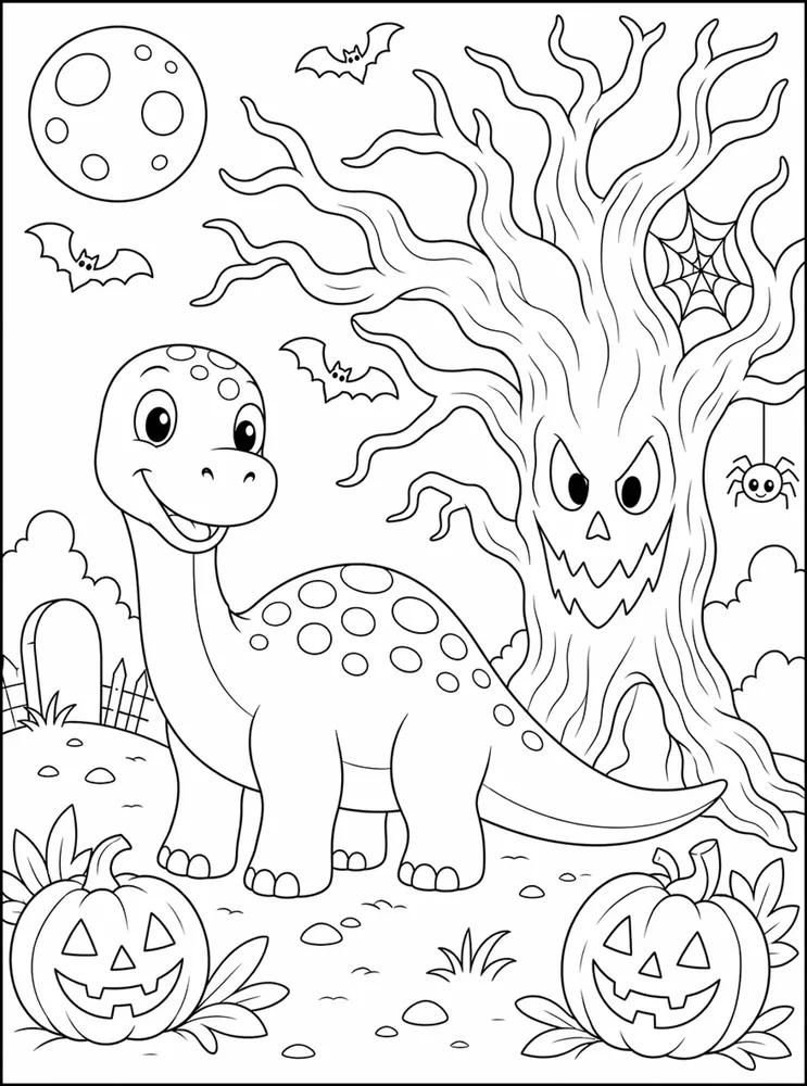 Halloween Dinosaur Spooky Tree coloring page
