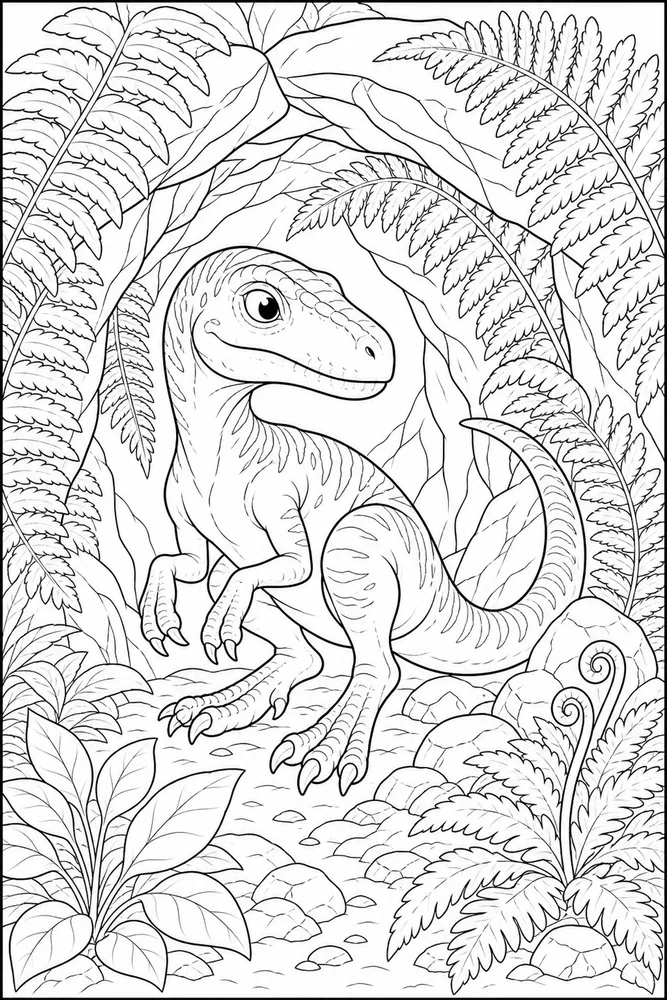 Raptor Dinosaur Fern Hideout coloring page